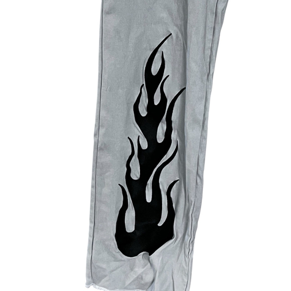 Omighty Embroidered Flame Gray 90's Style Pants Size Large Stretch Rave Casual - Picture 2 of 7